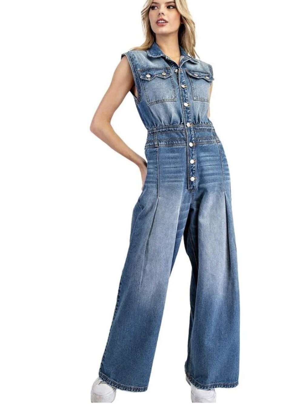 eesome Sleeveless Wide-Leg Denim Jumpsuit Sz.L NWT